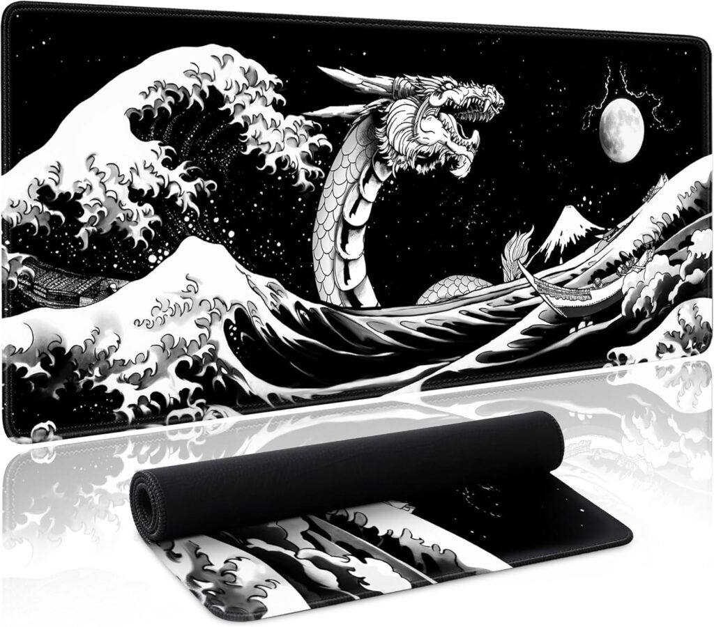 Japanese Wave Dragon Gaming Mouse Pad Large Desk Mat Black Extended Keyboard Mouse Pad Gaming Mousepad with Non-Slip Base Stitched Edge Mouse Mat Desk Pad 31.5 X 11.8 Mouse Pads for Desk Home Office