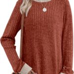 Sampeel Womens Tops Long Sleeve Shirts Lightweight Sweaters Loose Fit Crewneck Color Block Fall Fashion Outfits