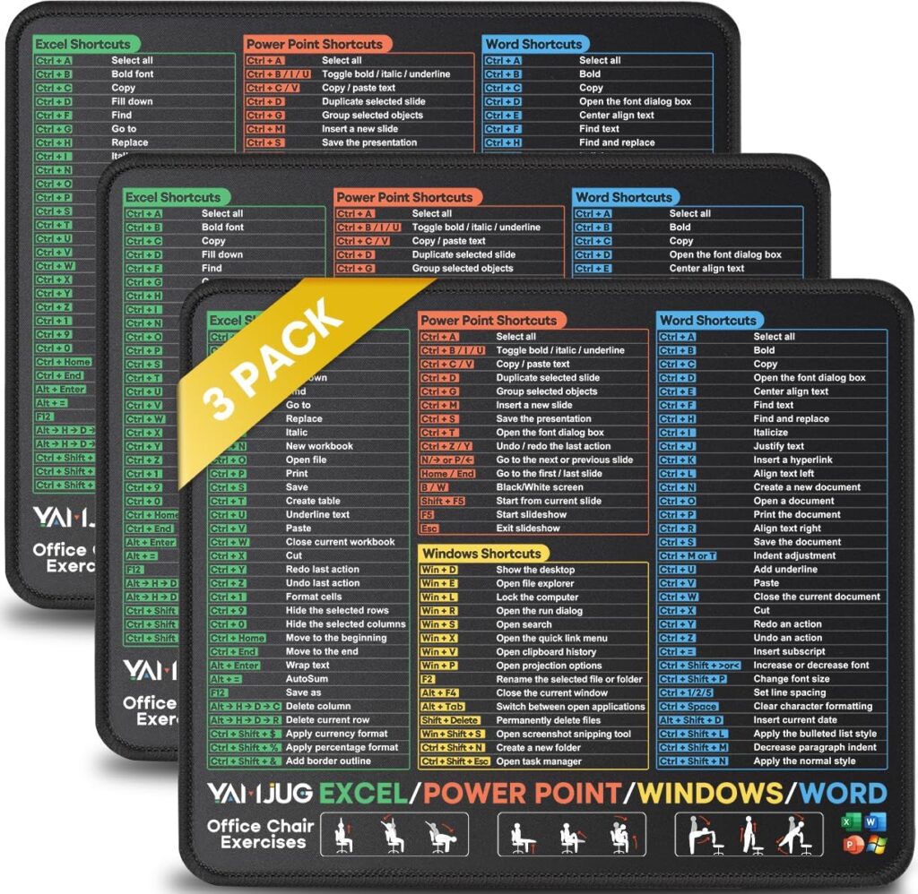 3 Pack Mouse Pads for Excel Word PowerPoint Windows Shortcuts, Extra Clear Excel Cheat Sheet Desk Pad with Stitched Edges, 10.2×8.3×0.12inch Portable Non-Slip Mousepad for Gaming Office Home