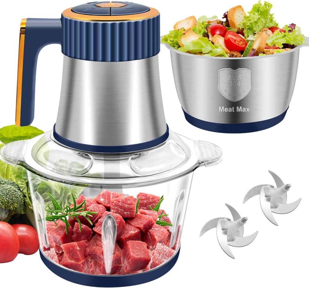 Food Processor, 5-Speed Electric Food Chopper, Meat Grinder with 2 Bowls (8 Cup+8 Cup) & 2 Sets of Blades, Meat Processor for Meat, Vegetables, Fruits and Nuts (Blue)