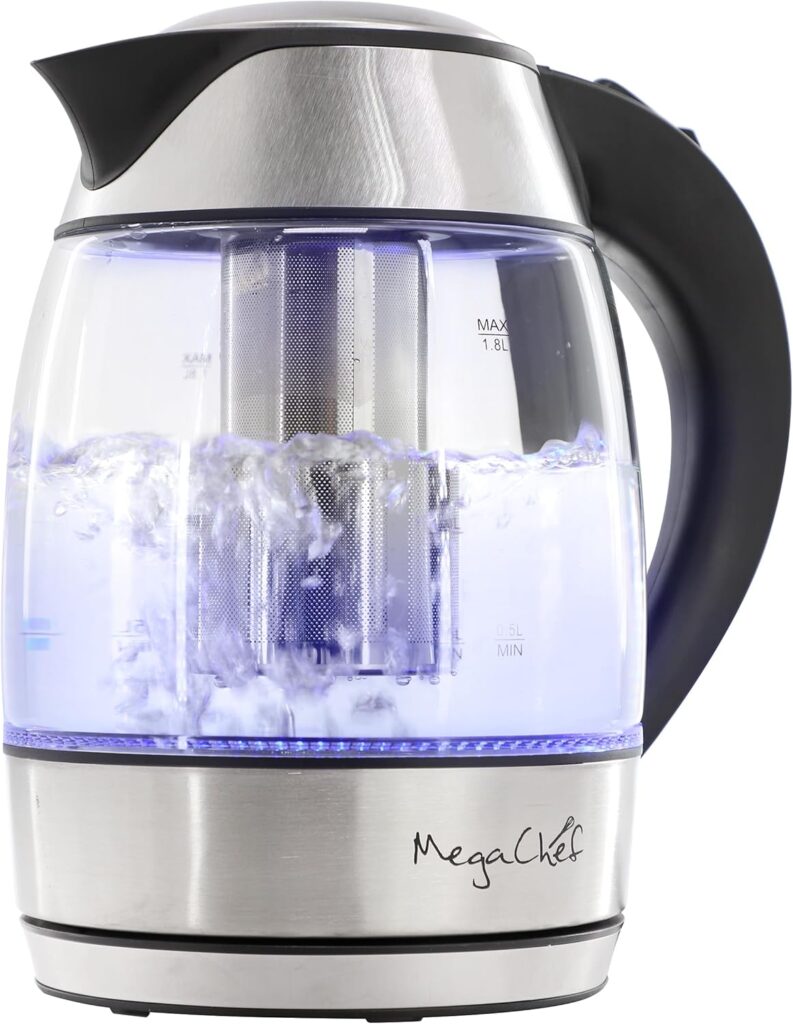 MegaChef Electric Watter Boiler/Tea Kettle (Glass, Silver, 1.8 Liter)