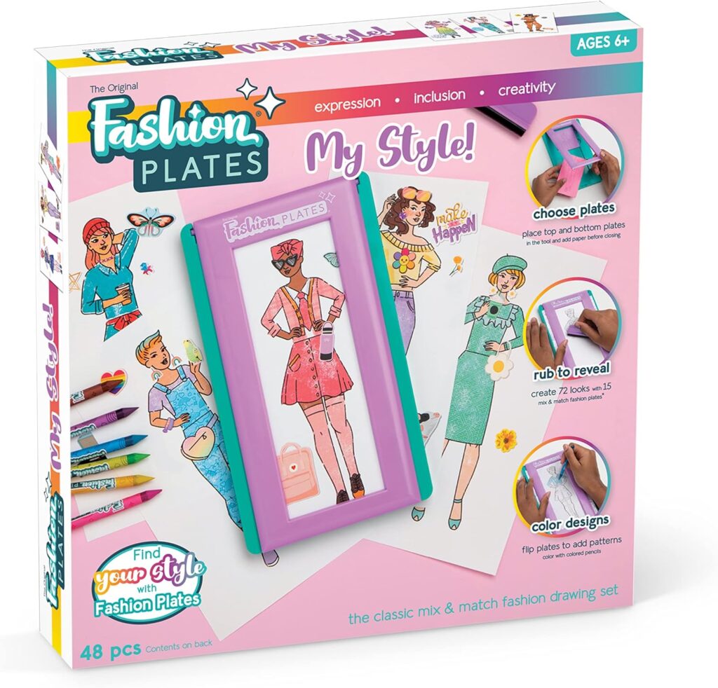 Fashion Plates My Style – Girls Mix-and-Match Drawing Kit, Arts and Crafts, Coloring, Art Supplies, Craft Supplies, Stencils, Crayons Included, Create Your Own Designs, Ages 6+