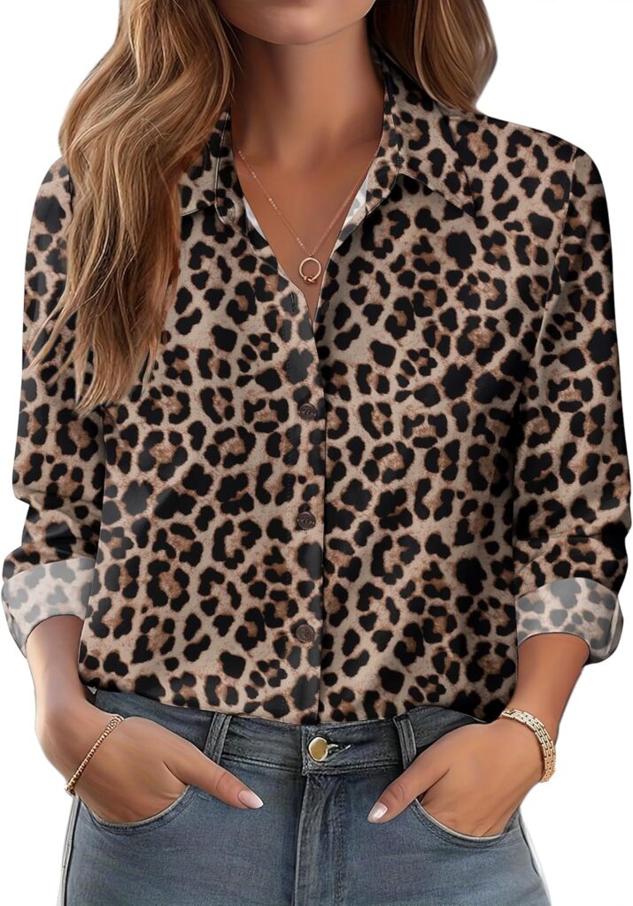 Zeagoo Button Down Shirts for Women Dressy Floral Printed Long Sleeve Blouse Business Casual Work Tops
