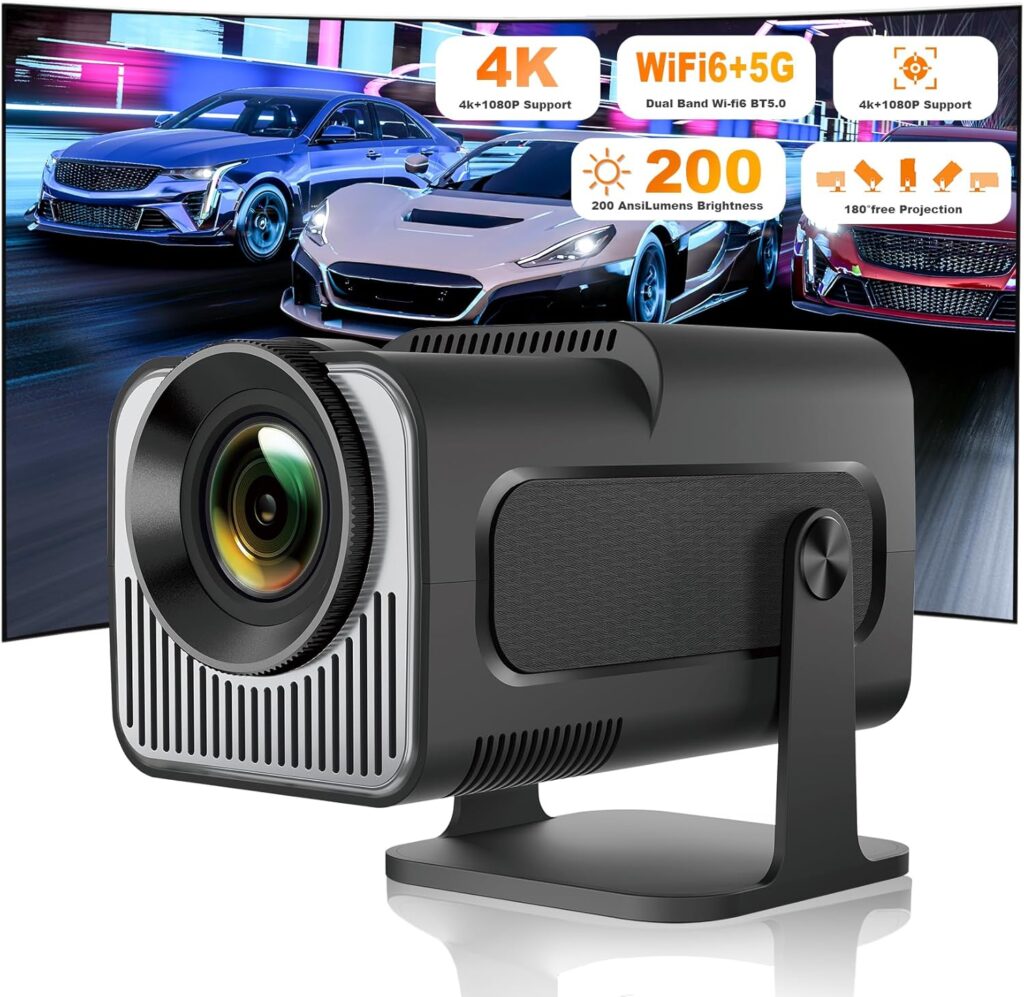 Mini Projector, HY320 Portable Projector, Support 4K 1080P with Dual-Band WIFI6 5G Wireless 5.0 Bluetooth Android 11, 180° Rotatable, Auto Keystone Correction, 40″-130″ Screen Video Projector