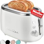 MÜELLERHOME Retro Toaster 2 Slice, 7 Browning Levels, 3 Functions (Reheat, Defrost, Cancel), Stainless Steel Features, Removable Crumb Tray, Under Base Cord Storage, White Toaster Kitchen Appliances
