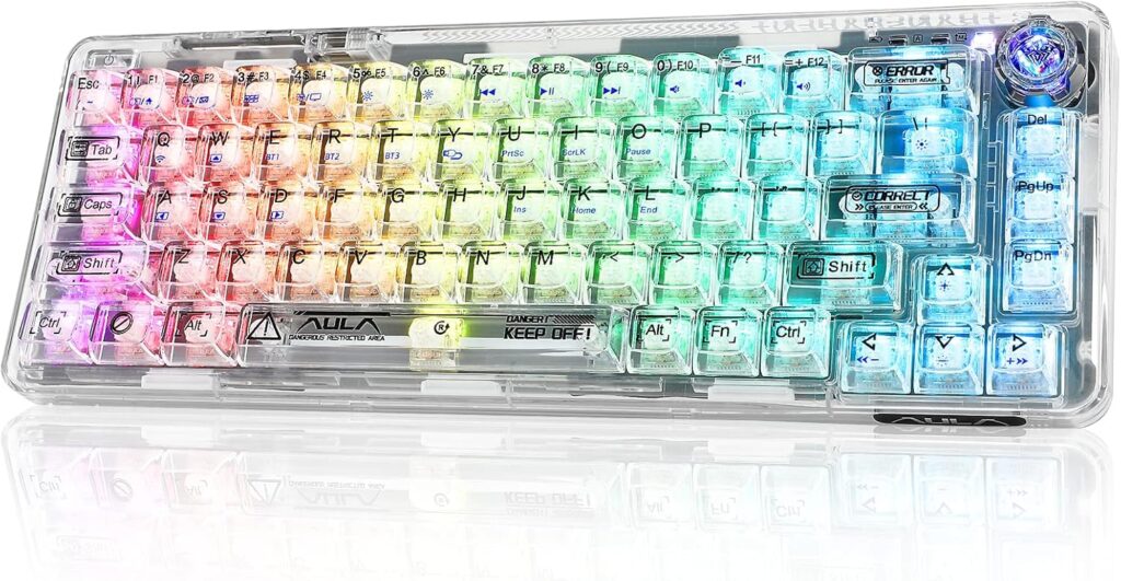 CC MALL 60% Transparent Mechanical Keyboard with Clear Keycaps,Gasket Hot Swappable Custom Wireless Keyboard,RGB Backlit Gaming Keyboard,2.4G/Type-C/Bluetooth Mechanical Keyboard(White)