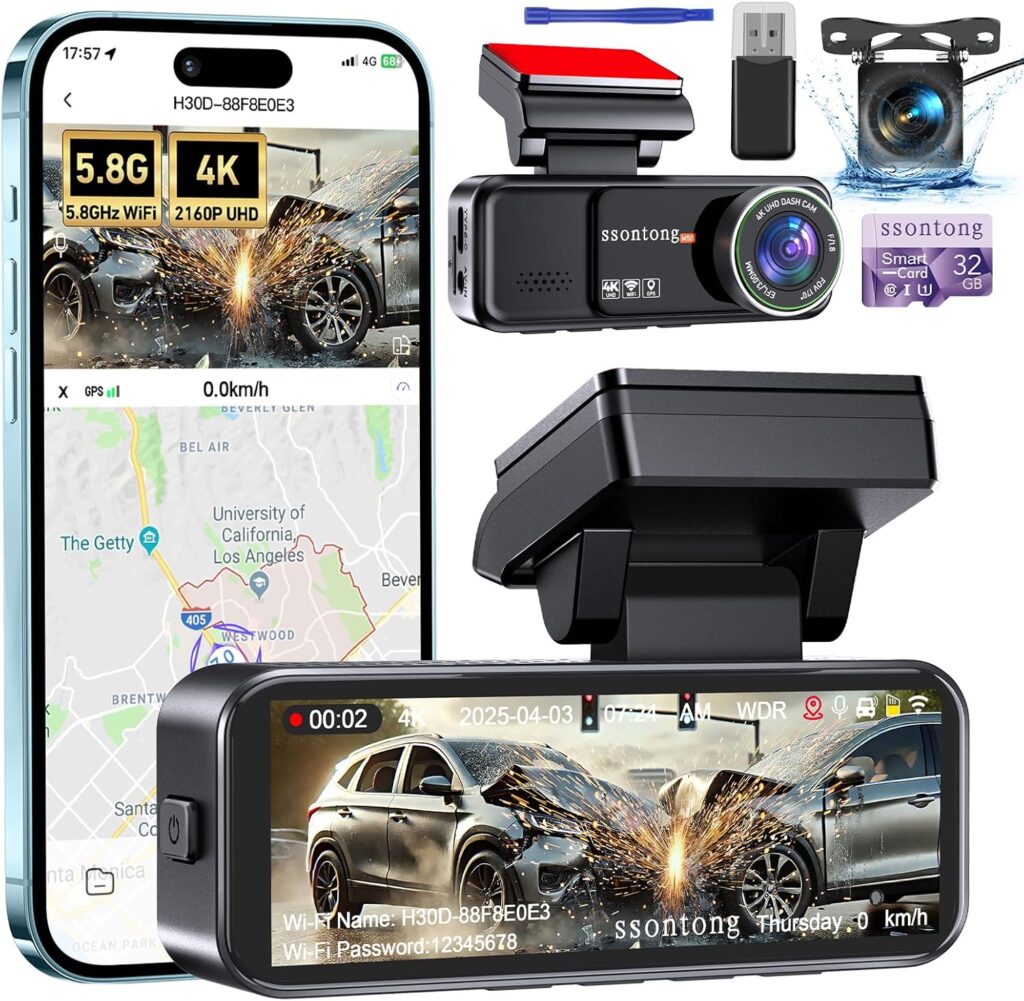 Car Camera – Dash Cam Front and Rear, 4K Dash Camera for Cars Built-in 5.8G WiFi GPS ADAS Dashcam,3.2″ IPS Screen Dash Cam with Free 32GB Card,G-Sensor,Loop Recording,WDR,Night Vision Dashboard Camera