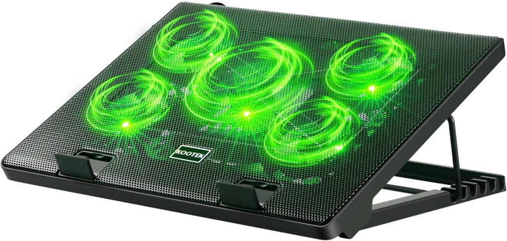 Kootek Laptop Cooling Pad, Laptop Cooler with 5 Quiet Fans for 12″-17″ Computer PC Notebook Gaming Laptop Fan, Height Adjustable Laptop Cooling Stand Laptop Accessories, Green