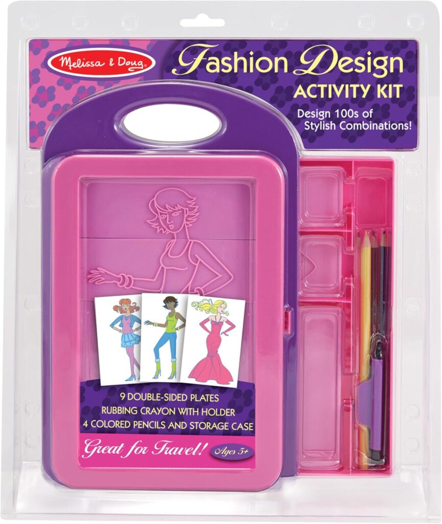 Melissa & Doug Fashion Design Art Activity Kit – 9 Double-Sided Rubbing Plates, 4 Pencils, Crayon – Fashion Plates, Travel Toys for Kids Ages 5+