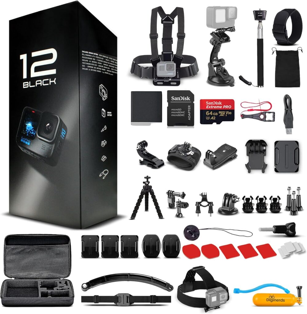 GoPro HERO12 (Hero 12) Black – Waterproof Action Camera with 5.3K HDR Video, 27MP Photos, 1/1.9″ Image Sensor, Live Streaming, Webcam, Stabilization + 64GB Card & 50 Piece Accessory Kit – Bundle