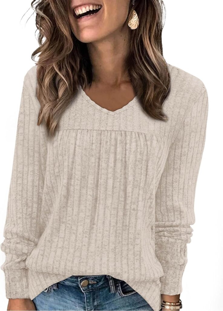 WIHOLL Long Sleeve Shirts for Women V Neck Lightweight Sweaters Casual Tunic Tops Outfits Fall Fashion Clothes 2025