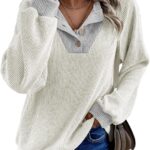 EVALESS Womens Fall Fashion 2025 Womens Long Sleeve Shirts Patchwork Button Up V Neck Sweatshirt Casual Pullover Tops