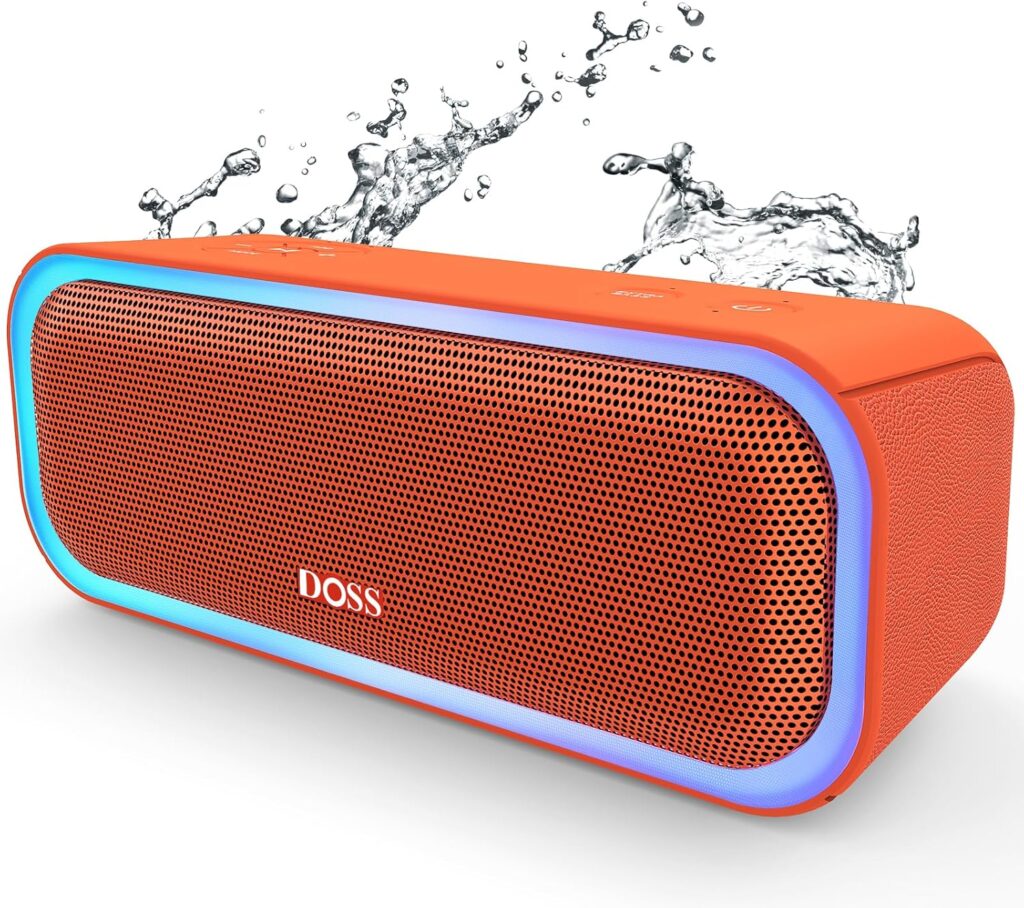 DOSS SoundBox Pro Bluetooth Speaker with 20W Stereo Sound, Active Extra Bass, IPX6 Waterproof, TWS Pairing, Multi-Colors Lights, 20H Playtime, Portable for Beach, Outdoor-Orange