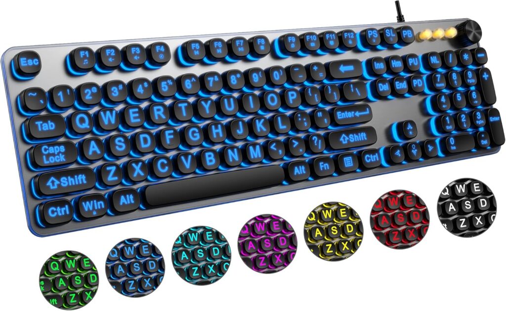 Large Print Backlit Keyboard with 7-Color Backlit, Wired USB Lighted Computer Keyboards Oversize Letters Keys Easy to See, Illuminated Keyboard for PC, Laptop,Windows Desktop
