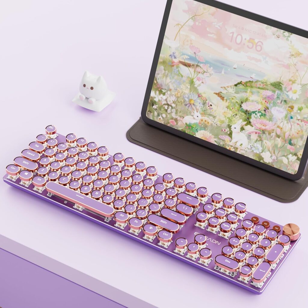 EWEADN V20 Typewriter Keyboard Wireless, 104 Keys Typewriter Style Mechanical with White Backlit, Media Knob, Pink Switch 2.4G/Bluetooth/USB-C Wired Retro Full Size Keyboard for Windows/Mac/PC-Purple