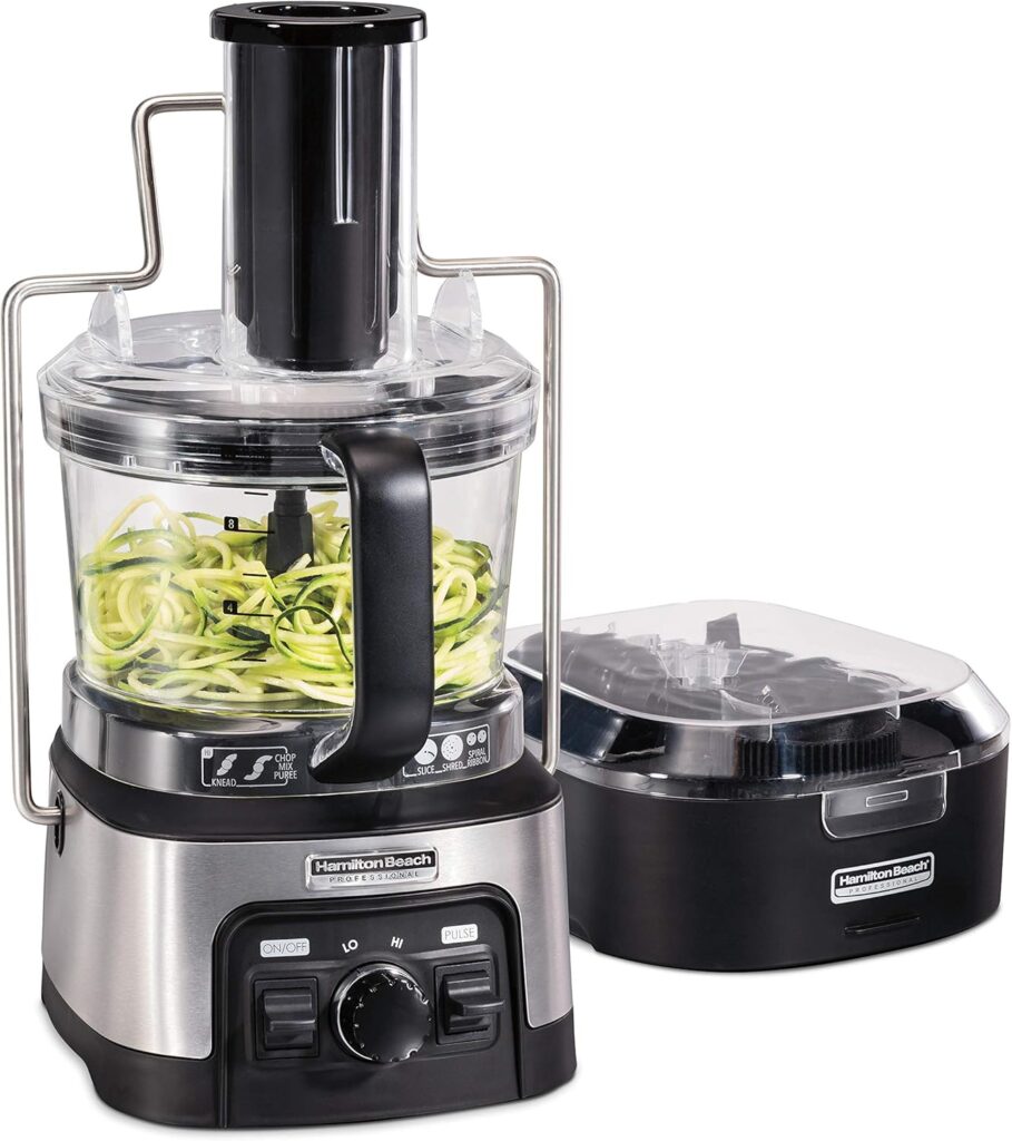 Hamilton Beach Professional Stack & Snap Food Processor & Veggie Spiralizer for Slicing, Shredding and Kneading, Extra-Large 3″ Feed Chute Fits Whole Vegetables, 12 Cups, Stainless Steel (70815)