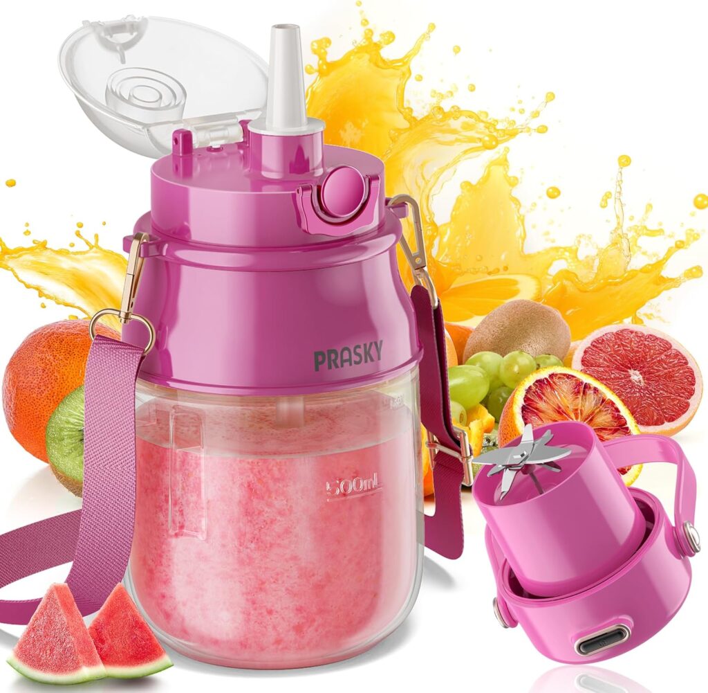 Portable Blender, Prasky Personal Blenders for Shakes and Smoothies with 27oz Cup, Lid and Shoulder Strap, Type-C USB Rechargeable, Personal Size Blenders BPA-free for Travel/Kitchen (Rose Red)