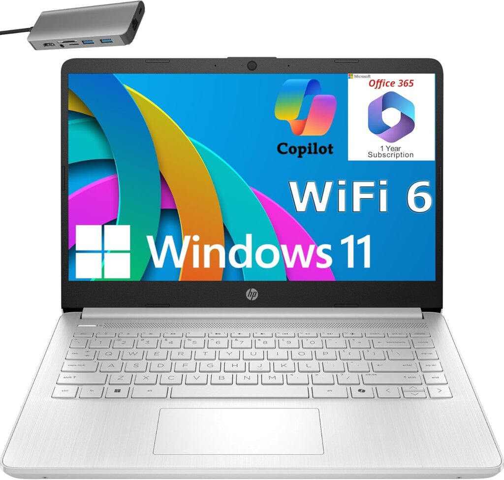 HP 14″ Laptop, 1 Year Office 365&AI-Copilot, Intel Processor N150(up to 3.6 GHz), 4G RAM, 256GB Storage (128GB UFS + 128GB Docking Station Set), Long Battery Life, WiFi 6, Windows 11 S, Silver
