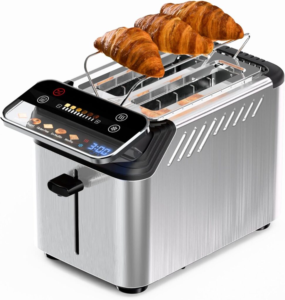 whall Toaster 2 Slice, Touch Screen Toasters with Projection Display, 1.5″ Wide Slot, 5 Bread Types & 11 Shade Settings, Digital Timer, Warming Rack, Crumb Tray, Reheat/Defrost, Silver
