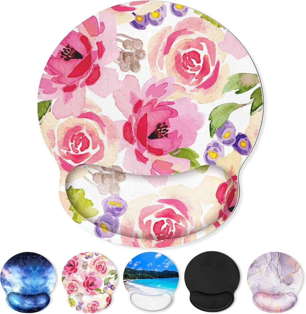 Mouse Pad with Gel Wrist Rest, Floral Ergonomic Mousepad with Wrist Support, Smooth Surface and Non-Slip PU Base, Portable Pain Relief Mousepad for Computer, Laptop, Office & Home