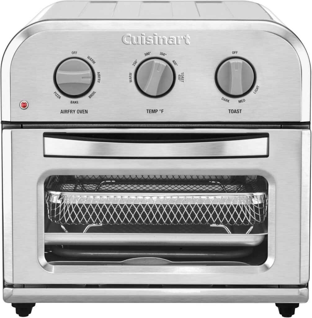 Cuisinart Compact Air Fryer Toaster Oven, Stainless Steel Fryer with 6-in-1 Functions, Adjustable Temperature, Includes Oven Rack, Baking Pan and Air Fry Basket, TOA-26