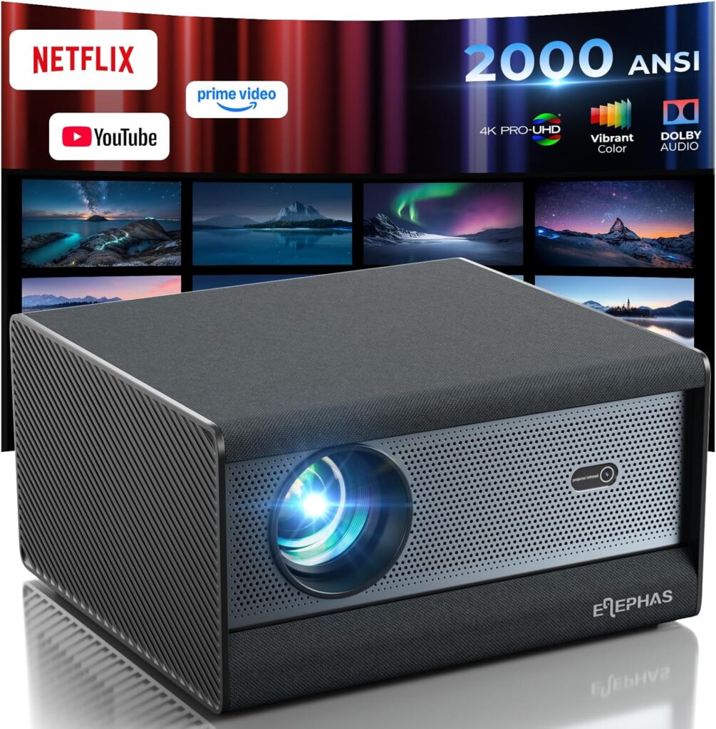 ELEPHAS Smart 4K Projector with WiFi and Bluetooth – Compatible with Netflix, Prime Video, YouTube, Dust-Proof Sealed, Dolby Audio, Auto Focus & Keystone PRO UHD HDR 10+ Video Projector