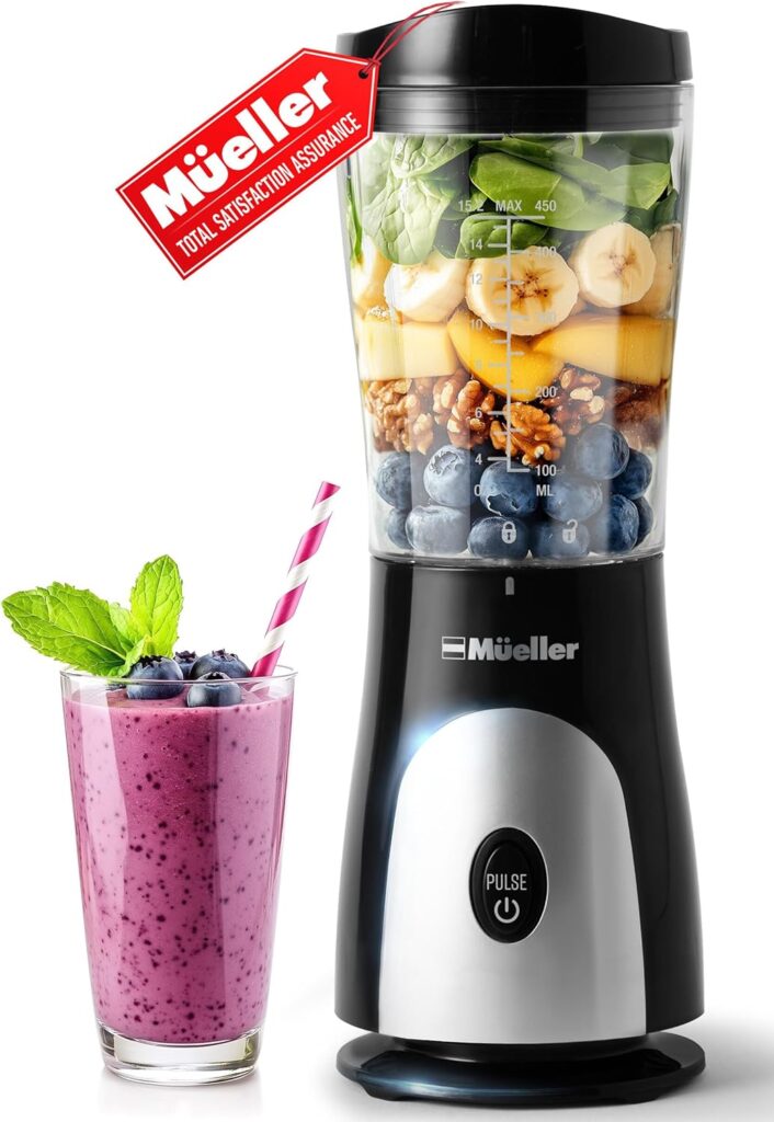 Mueller Smoothie Blender for Smoothies – Personal Blender for Shakes, Frozen Drinks, Baby Food & More, 15oz Travel Cup and Lid, Durable Stainless Steel Blades for Powerful Blending Performance, Black