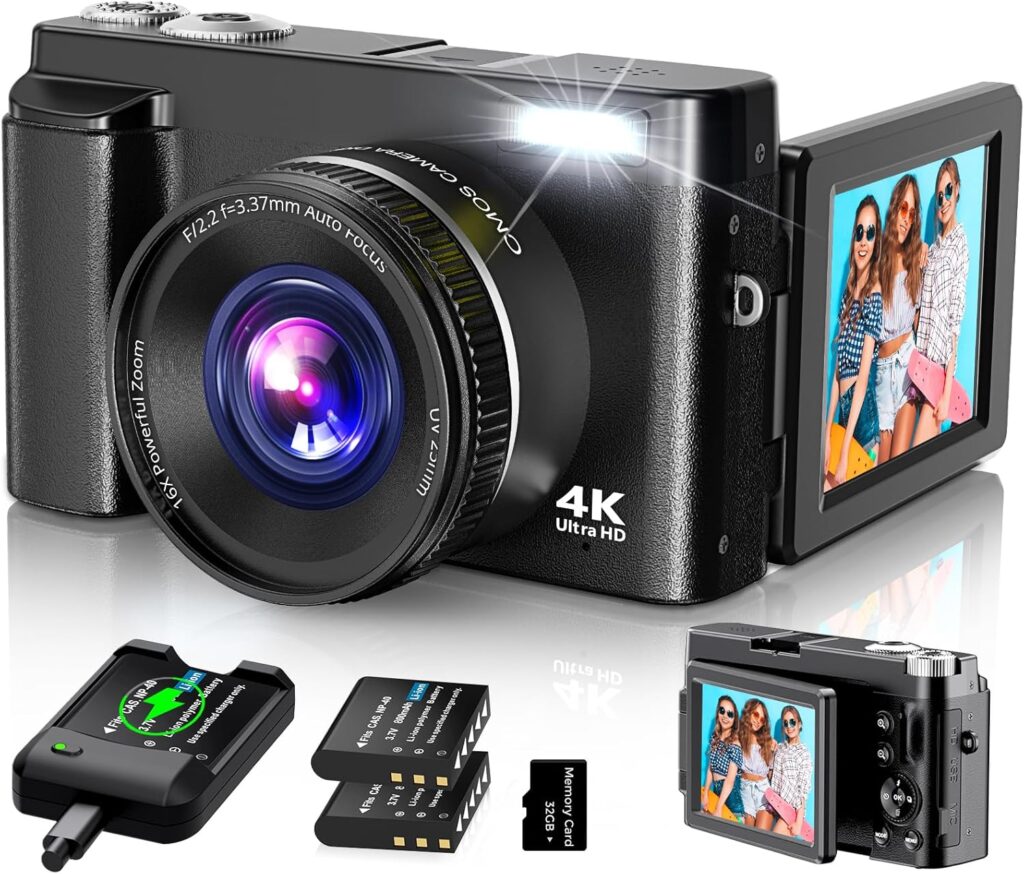 4K Digital Camera for Photography Autofocus, 2024 Latest 48MP Vlogging Camera for YouTube with SD Card, 2 Batteries, 3″ 180°Flip Screen Compact Travel Camera for Teens with 16X Zoom, Anti-Shake,Black