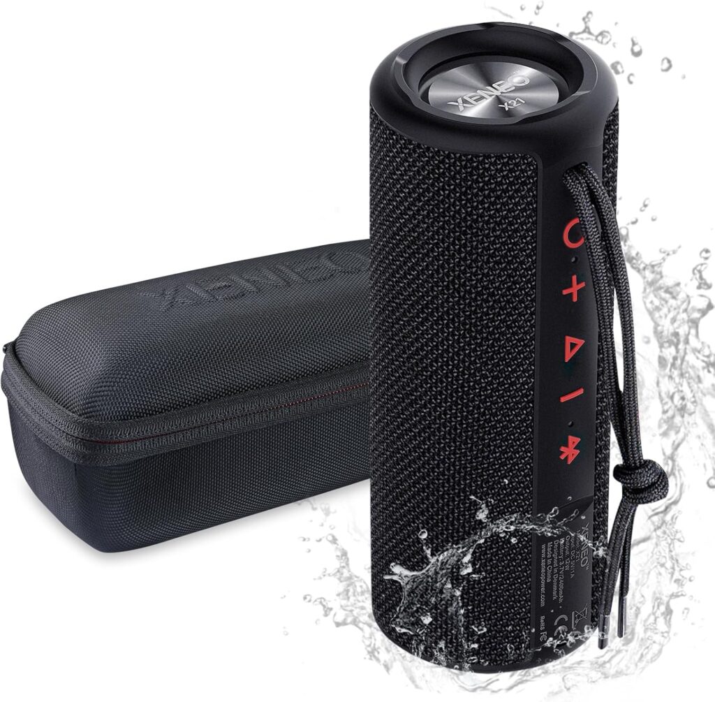 X21 Portable Outdoor Wireless Bluetooth Speaker Waterproof with FM Radio, Micro SD Card Slot, AUX for Shower – Hard Travel Case Included
