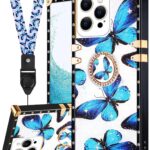 Loheckle for iPhone 15 Pro Max Case for Women Girls Teens Designer Fashion Cute Cases with Ring Stand Holder and Lanyard Stylish Aesthetics Butterfly Luxury Cover for iPhone 15 Promax