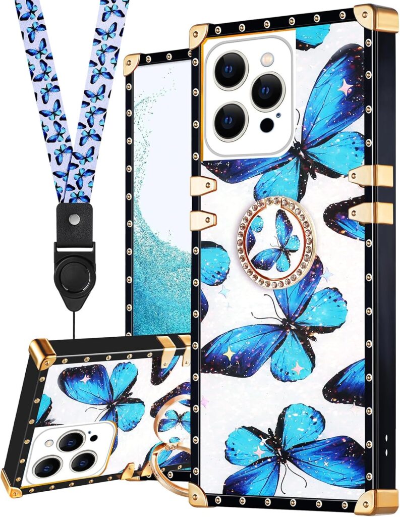 Loheckle for iPhone 15 Pro Max Case for Women Girls Teens Designer Fashion Cute Cases with Ring Stand Holder and Lanyard Stylish Aesthetics Butterfly Luxury Cover for iPhone 15 Promax