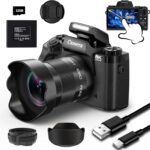 8K 64MP Digital Camera for Photography, Vlogging Camera with Autofocus, WiFi, 4 Inch Touchscreen, 16X Digital Zoom, 3000mAh Battery, Dual-Lens, Lens Hood, 32GB TF Card and Flash,Black