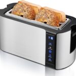 Elite Gourmet ECT5322 Long Slot 4 Slice Toaster, Countdown Timer, Bagel Function 6 Toast Setting, Defrost, Cancel Function, Built-in Warming Rack, Extra Wide Slots for Bagels Waffles, Stainless Steel