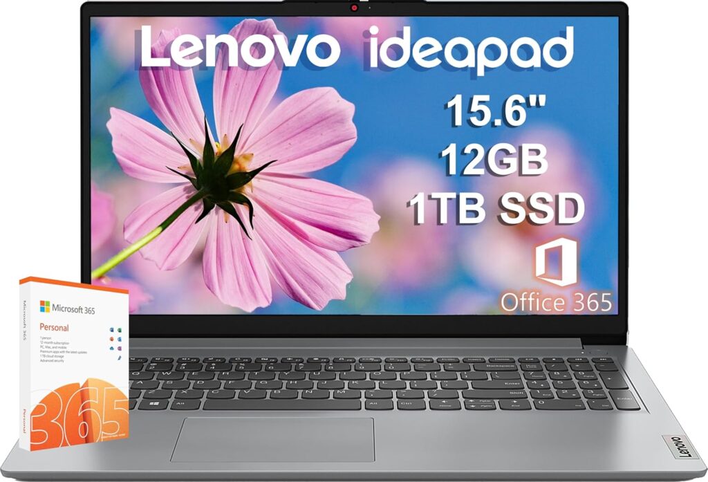 Lenovo IdeaPad 15.6″ HD Laptop (12GB RAM,1TB PCIe SSD, 1-Year Microsoft Office 365, Intel Celeron N4500) for Students, Home, Business, Numeric Keypad, Webcam, HDMI, Wi-Fi 6, Win 11 Home in S Mode