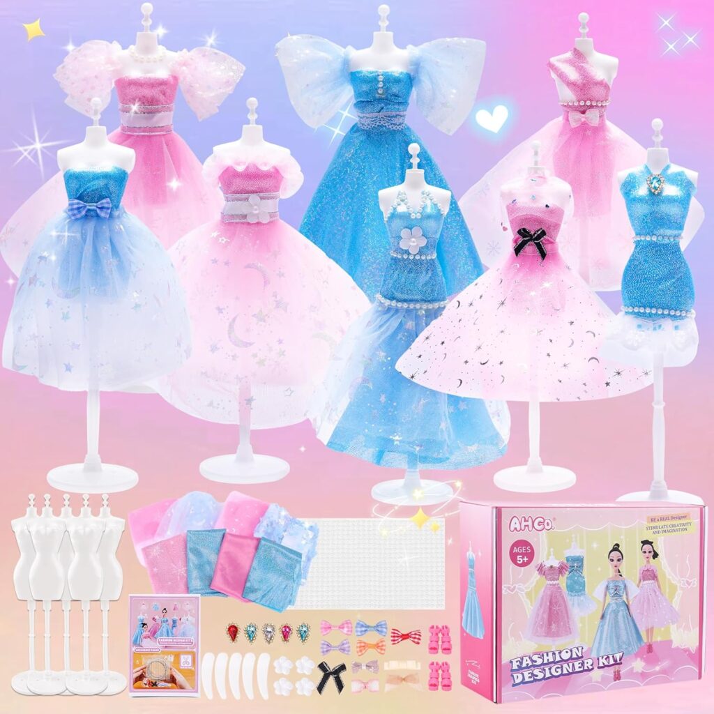 AHCo. Fashion Designer Kit with 5 Mannequins & 2 Extra Poseable Dolls, Sewing & Arts Crafts Kit for Girls Ages 5 6 7 8-12, Creative Birthday Gift for Kids