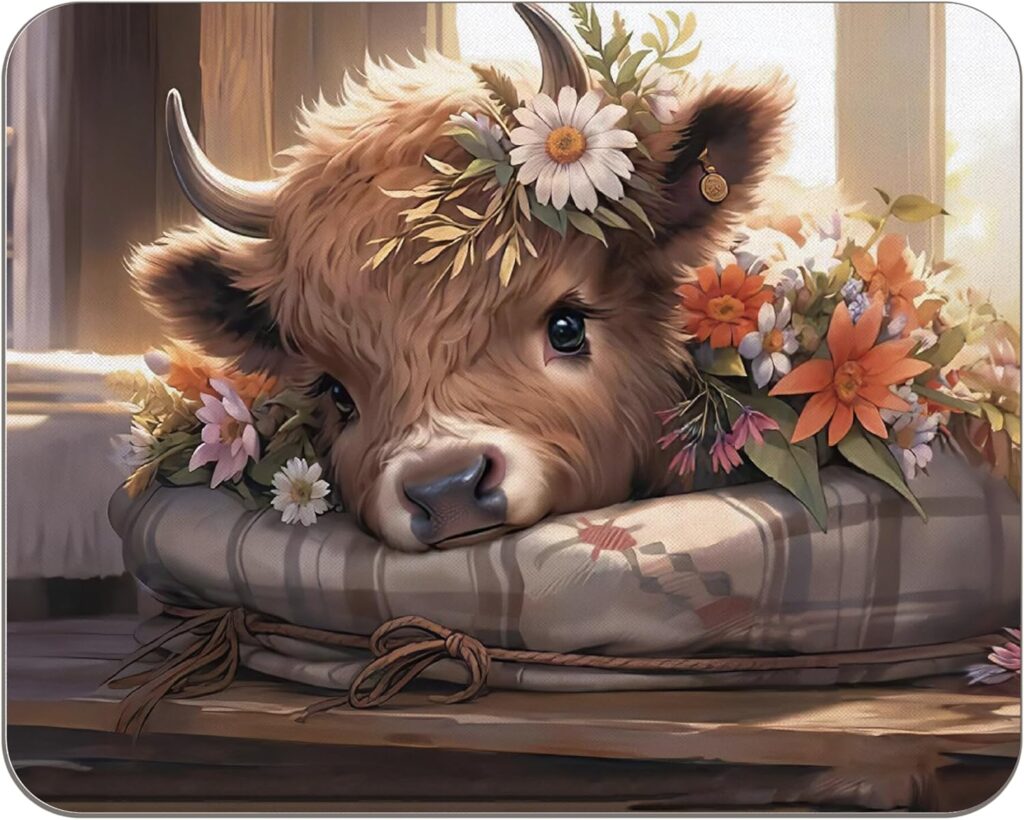 OFlich Highland Cow Mouse Pad – Highland Cow Mouse Pads for Desk, Floral Mouse Pad, Highland Cow Mousepad with Non-Slip Rubber Base for Laptop Computer Desktop Keyboard (9.5×7.9 Inch), Small, JW560