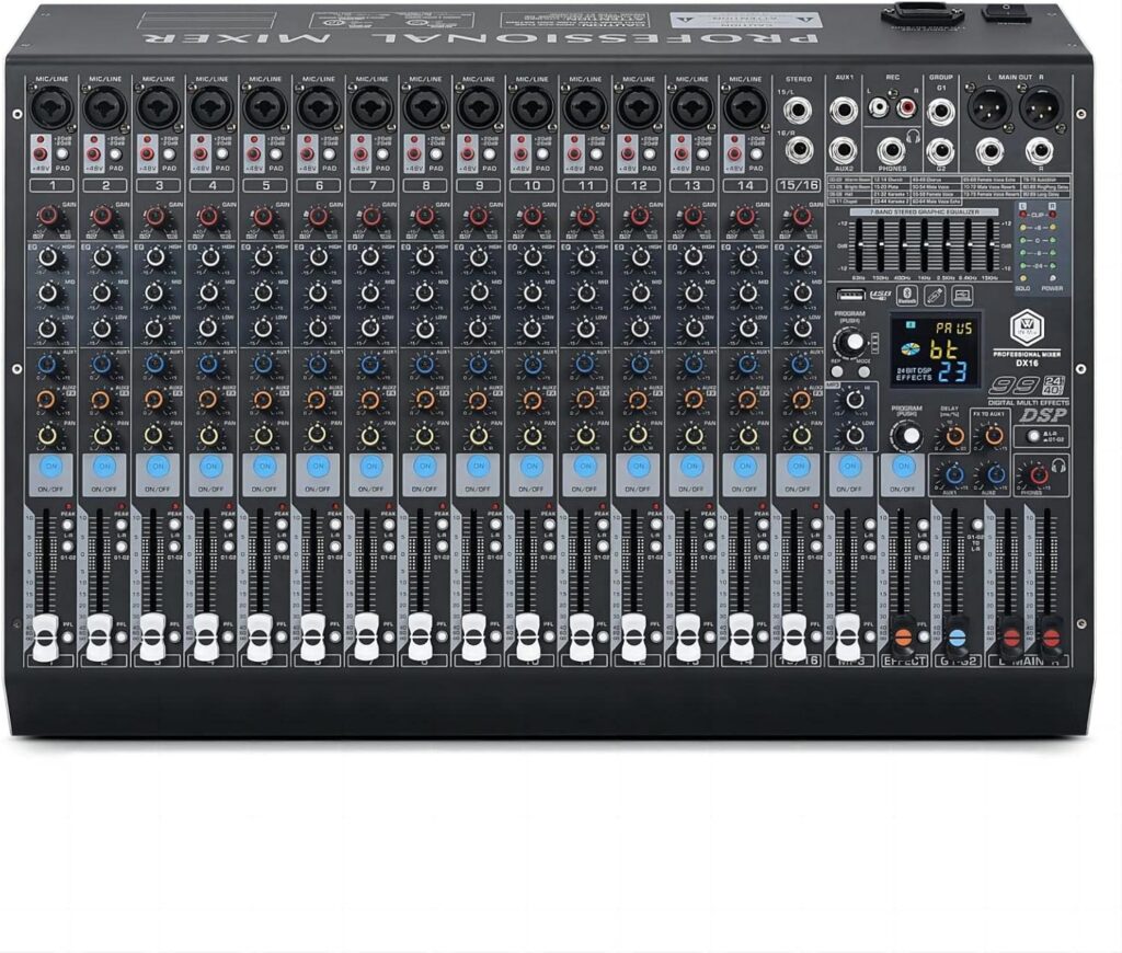 W IN-MIX DX16 Professional DJ Audio Mixer 16 Channel with 99 DSP Effects,7-band EQ,Independent 48V Phantom Power&Mute Button,Bluetooth Function,USB Interface Recording For Studio & Stage