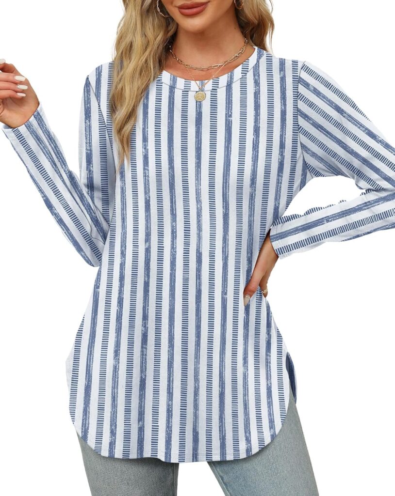 OFEEFAN Long Sleeve Shirts for Women Crewneck Basic Loose Tunic Tops Floral Beach Vacation Clothes 2025