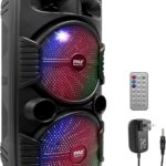 Pyle Portable Bluetooth PA Speaker System – 600W Rechargeable Outdoor Bluetooth Speaker Portable PA System w/ Dual 8” Subwoofer 1” Tweeter, Microphone In, Party Lights, USB, Radio, Remote – PPHP2835B