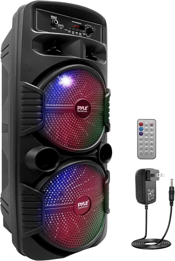 Pyle Portable Bluetooth PA Speaker System – 600W Rechargeable Outdoor Bluetooth Speaker Portable PA System w/ Dual 8” Subwoofer 1” Tweeter, Microphone In, Party Lights, USB, Radio, Remote – PPHP2835B