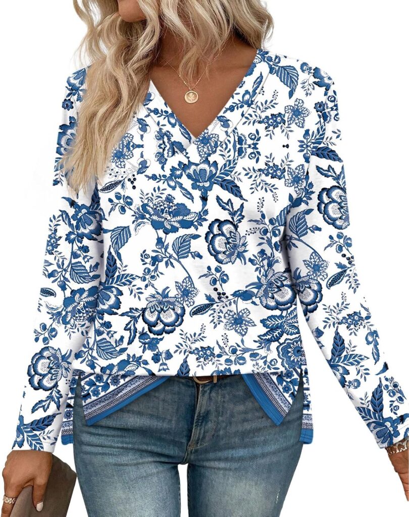 WIHOLL Long Sleeve Shirts for Women V Neck Casual Tops V Neck Fall Clothes 2025 Fashion