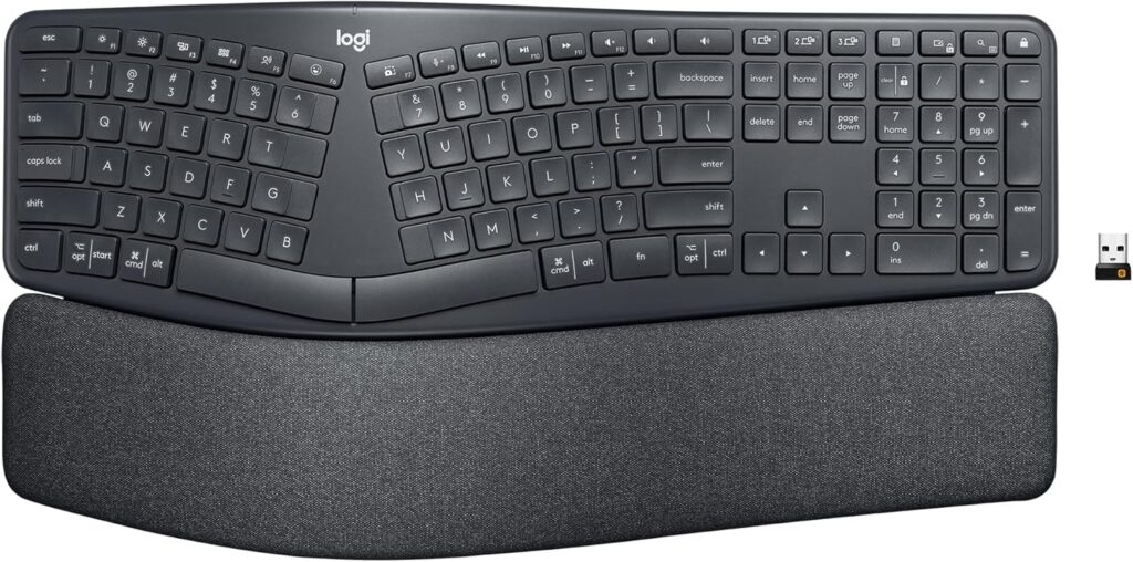 Logitech ERGO K860 Wireless Ergonomic Keyboard – Split Keyboard, Wrist Rest, Natural Typing, Stain-Resistant Fabric, Bluetooth and USB Connectivity, Compatible with Windows/Mac, Black