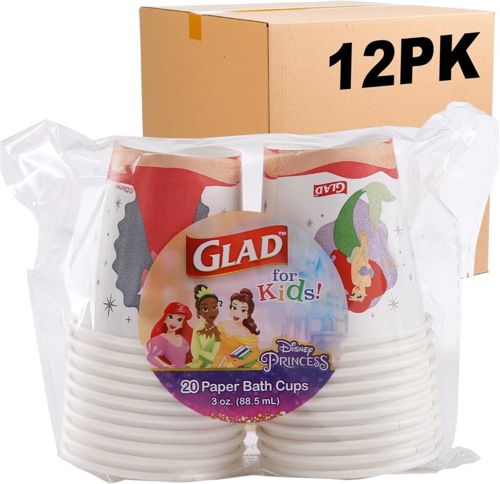 Glad for Kids Disney Princess Disposable Mini Paper Cups, Magic is in All of Us – Heavy Duty, Soak Proof, Bathroom Mouse Rinse Cups for Kids, 3 Ounce, 20 Count – 12 Pack