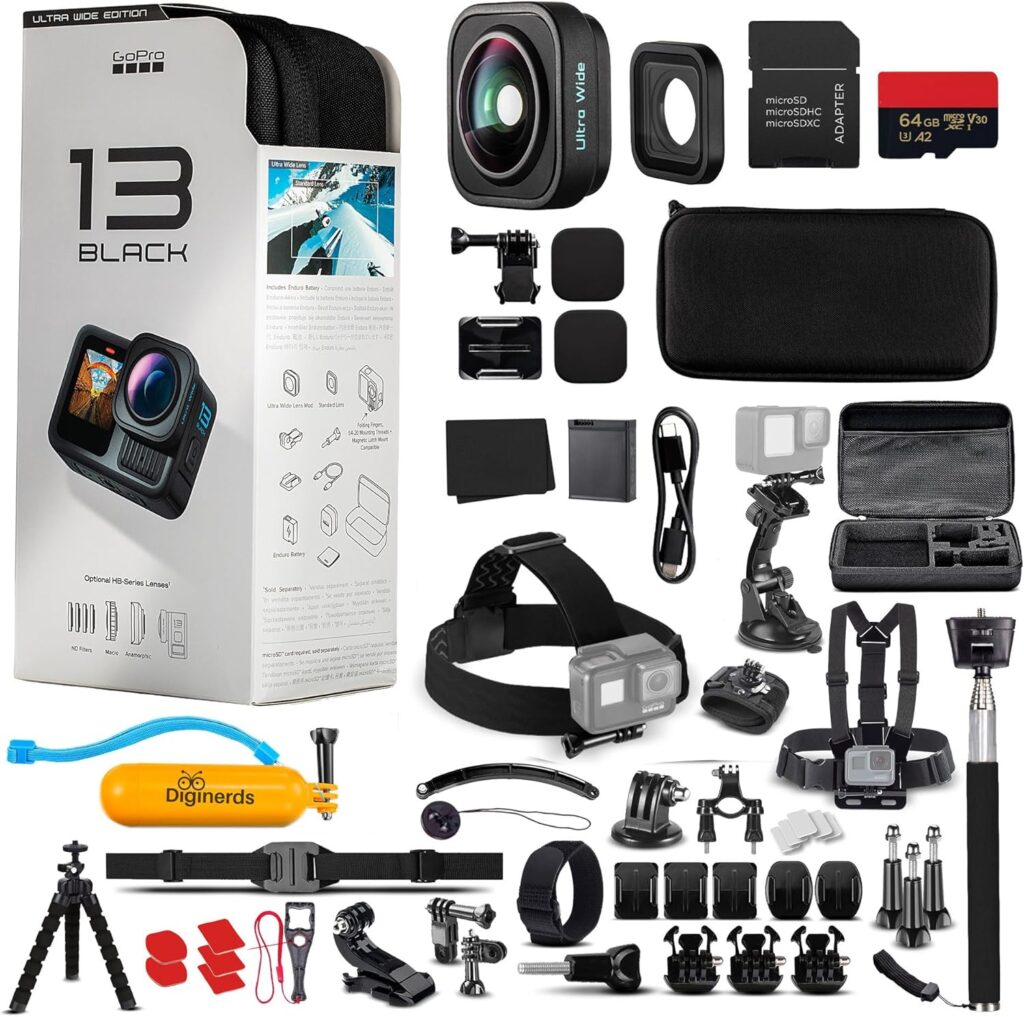 GoPro HERO13 (Hero 13) Ultra Wide Edition in Black – Waterproof Action Camera – 5.3K HDR Video, 27MP Photos, 1/1.9″ Image Sensor, Live Streaming, Webcam + 64GB Card & 50 Piece Accessory Kit – Bundle