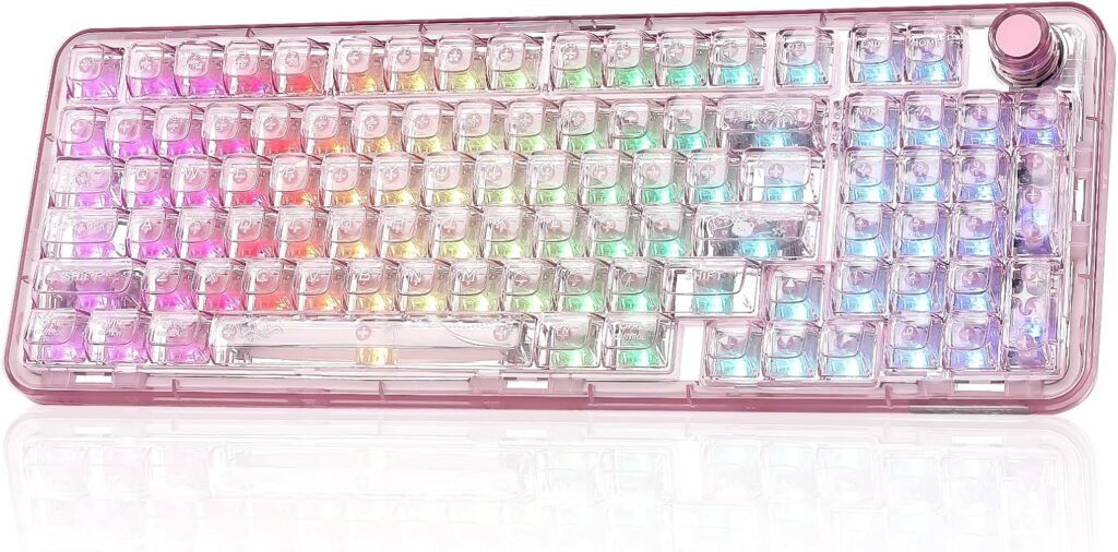 YUNZII X98 QMK/VIA Wireless Mechanical Gaming Keyboard with Knob,Tri-Mode BT5.0/USB-C/2.4GHz Hot Swappable Keyboard,Pre-lubed Switches Gasket Mount RGB Backlit for Wins/Mac (Pink, Snow Switch)