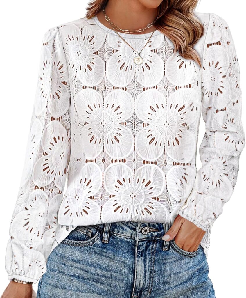 OFEEFAN Blouses for Women Dressy Casual Fall Fashion Long Sleeve Shirts Flower Lace Tops Trendy Spring Summer Outfits