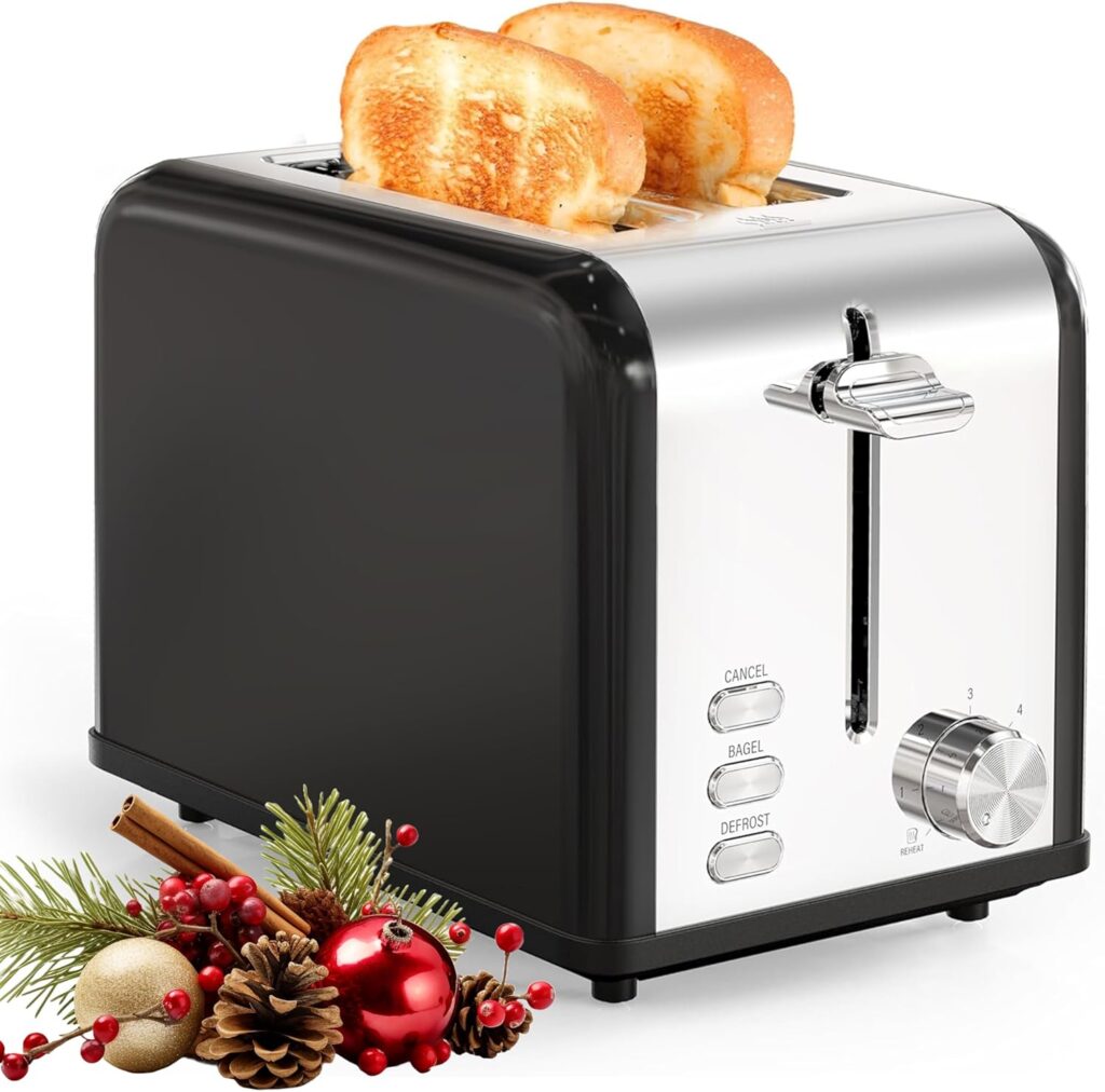 YSSOA 2-Slice Stainless Steel Toaster, 6 Browning Setting and 3 Function Toaster, Extra Wide Slot & Removable Crumb Tray, for Bread & Waffle, Black