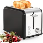 YSSOA 2-Slice Stainless Steel Toaster, 6 Browning Setting and 3 Function Toaster, Extra Wide Slot & Removable Crumb Tray, for Bread & Waffle, Black