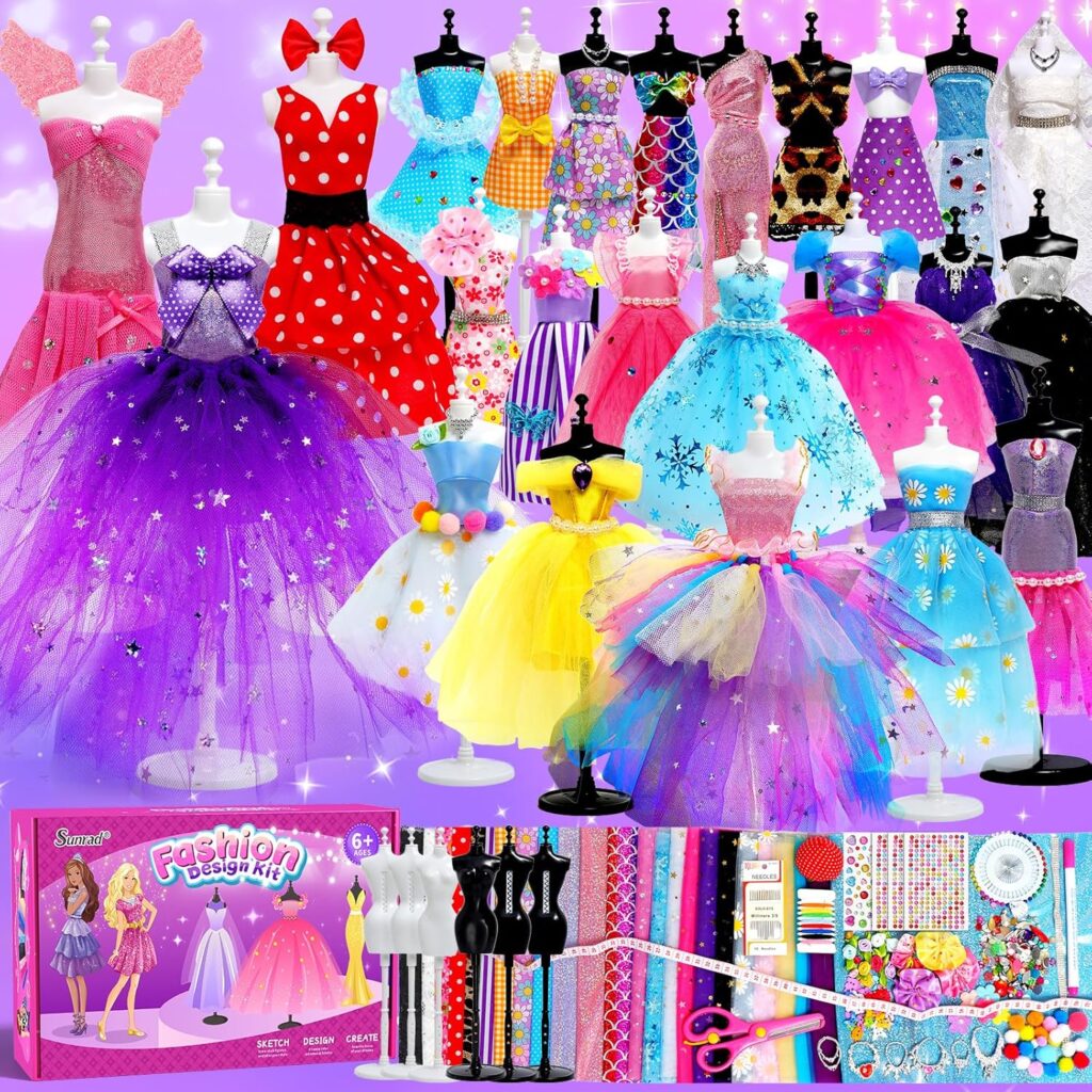 Sunrad 1500+ PCS Fashion Designer Kits for Girls with 6 Mannequins, DIY Arts & Crafts Sewing Kit for Kids Doll Clothes Making Toys, Birthday Gifts for Girls Age 6 7 8 9 10 11 12+