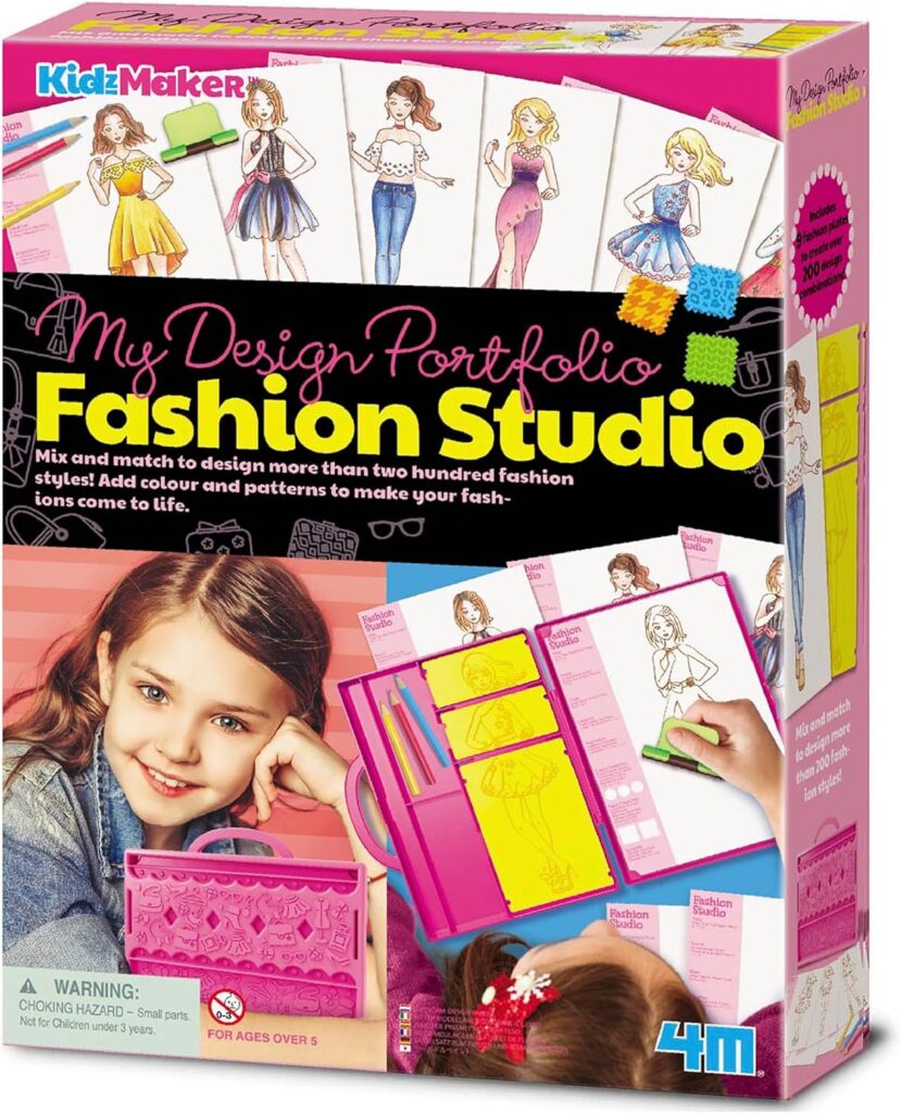 4M: KidzMaker: My Design Portfolio Fashion Studio – Design & Draw Outfits, Mix & Max Pattern Rubbing Plates, Travel Case, Arts & Craft Set, Kids 5+
